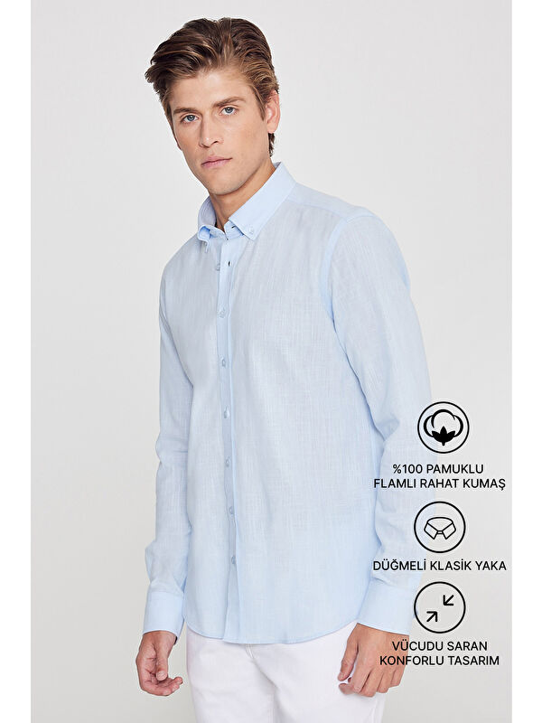 AC&Co / Altınyıldız Classics Erkek Açık Mavi %100 Pamuk Oxford Slim Fit Dar Kesim Düğmeli Yaka Flamlı Gömlek