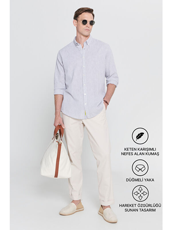 AC&Co / Altınyıldız Classics Erkek Gri Comfort Fit Rahat Kesim Düğmeli Yaka Casual Keten Gömlek