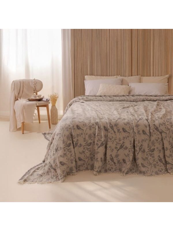 Evidea Soft Birds Çift Kişilik Yatak Örtüsü - Antrasit / Bej - 220x240 cm