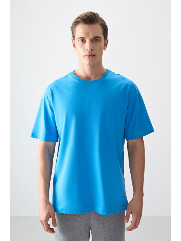 Air Jones Petrol Mavi %100 Pamuk Kalın Yumuşak Dokulu Oversize Fit Basic Erkek Tişört - 88353