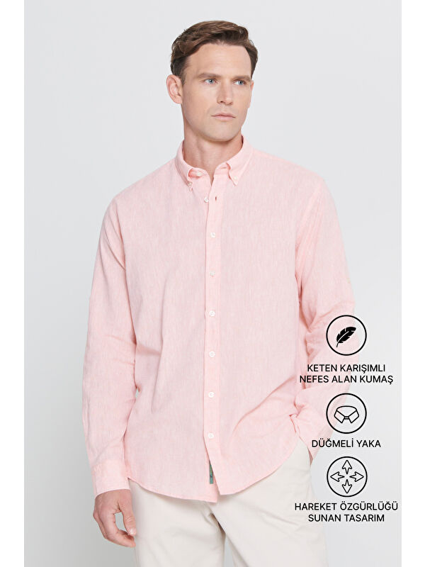 AC&Co / Altınyıldız Classics Erkek Yavruağzı Comfort Fit Rahat Kesim Düğmeli Yaka Casual Keten Gömlek