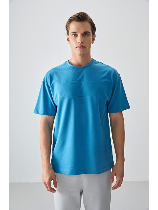 Air Jones Petrol Mavi Pamuklu Kalın Yumuşak Dokulu Oversize Fit Basic Erkek Tişört - 88378