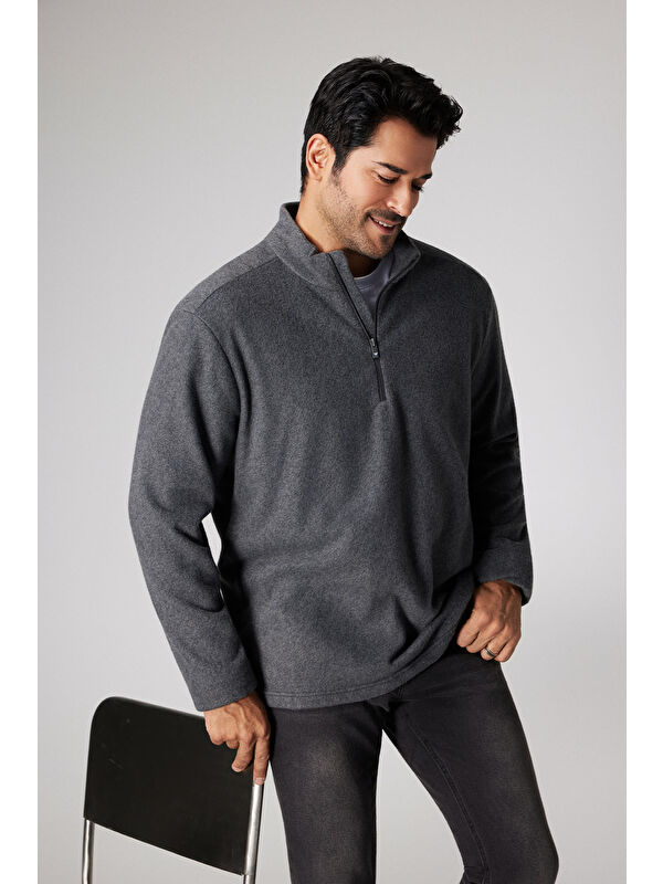 AC&Co / Altınyıldız Classics Erkek Antrasit-Melanj Anti-Pilling Tüylenme Yapmayan Standart Fit Dik Yaka Polar Sweatshirt