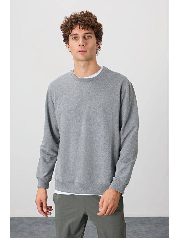 Air Jones Gri Melanj Pamuk Dokulu Standart Fit Basic Erkek Sweatshirt - 88363