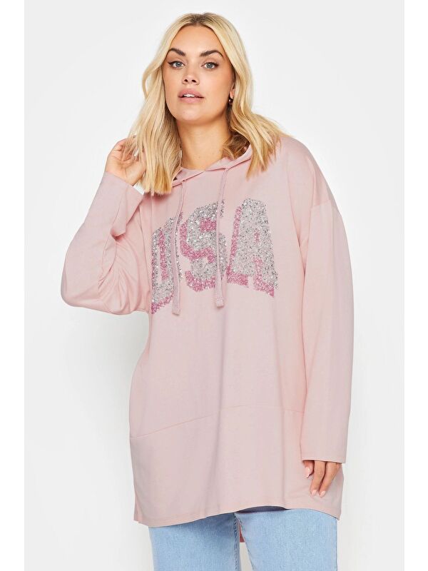Stil Diva Büyük Beden Kapüşonlu Payet Detaylı Cepsiz Uzun Kollu Sweatshirt 303002