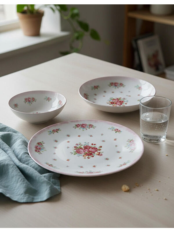 GÜRAL PORSELEN Camelia 12 Parça 4 Kişilik Yemek Takımı 5848