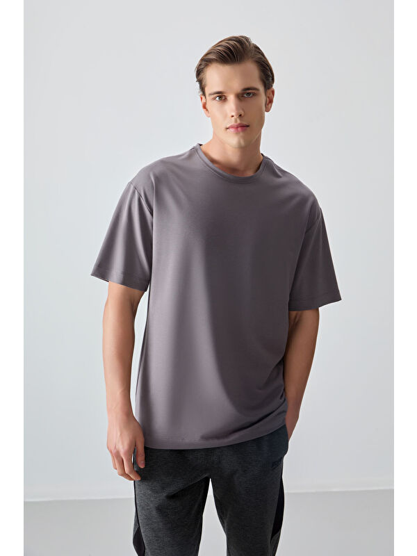 Air Jones Koyu Gri Pamuklu Kalın Yumuşak Dokulu Oversize Fit Basic Erkek Tişört- 88377