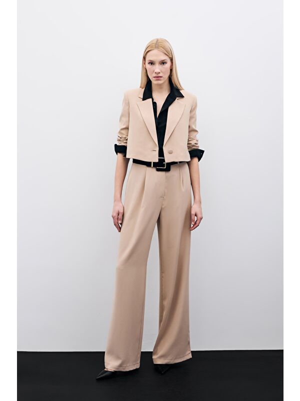 SATEEN Pileli Krep Pantolon - Bej