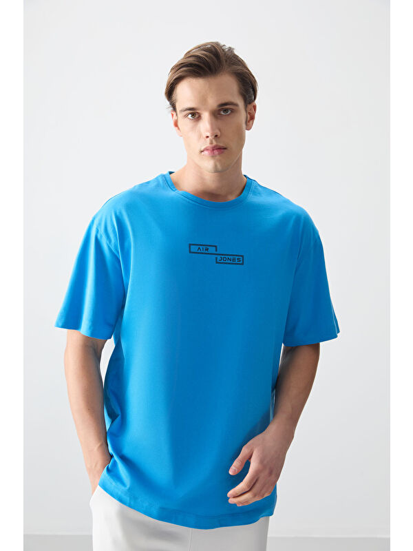 Air Jones Petrol Mavi %100 Pamuk Kalın Yumuşak Dokulu Oversize Fit Baskılı Erkek Tişört - 88361