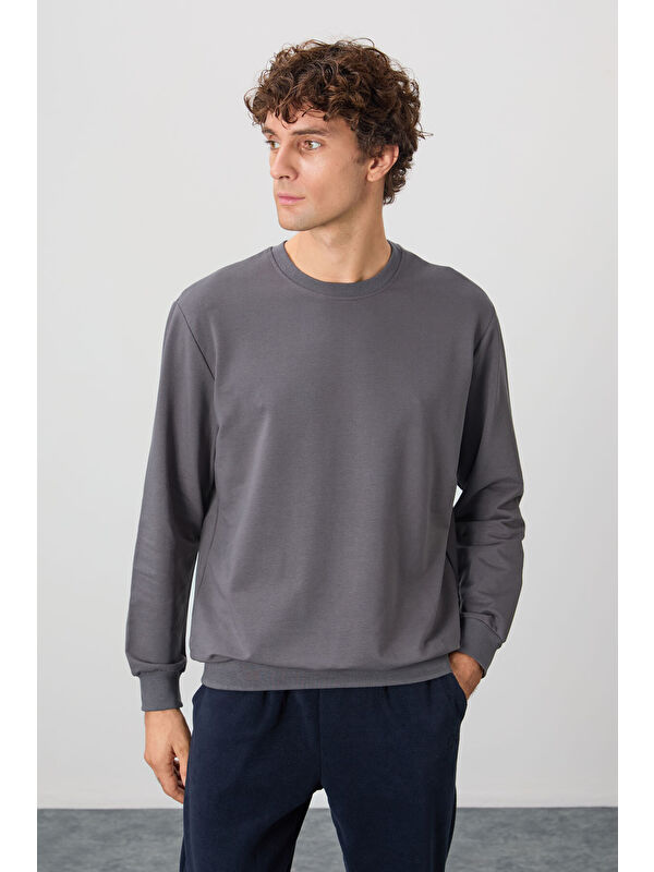 Air Jones Koyu Gri Pamuk Dokulu Standart Fit Basic Erkek Sweatshirt - 88363