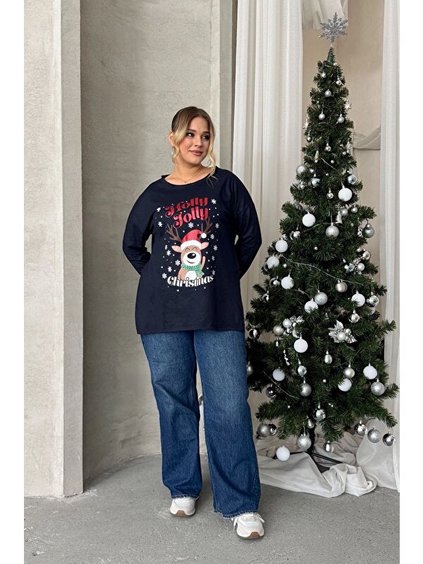 Stil Diva Büyük Beden Yılbaşı Temalı Bisiklet Yaka Uzun Kollu Yırtmaçlı Sweatshirt 303909