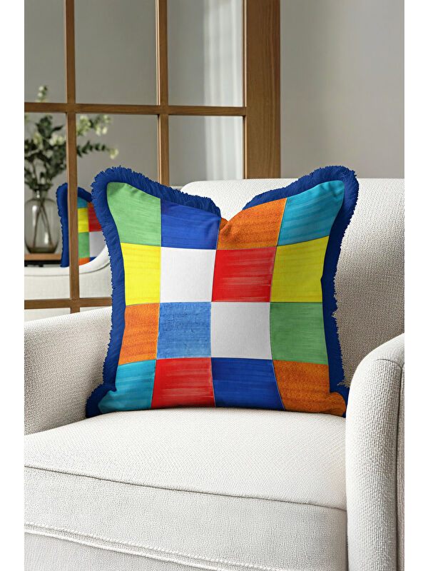 Milbay Grup Canlı Patchwork Kare Saçaklı Yastık Kılıfı - Renkli Retro Stil Mavi Püsküllü Kırlent Kılıfı