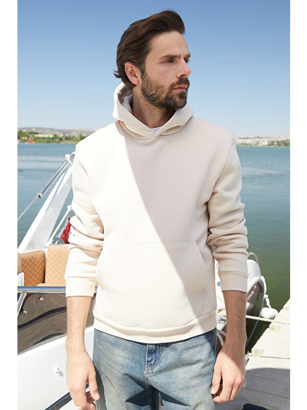 Fullamoda 3 İplik Basic Kanguru Cepli Slim Fit Kapüşonlu Sweatshirt