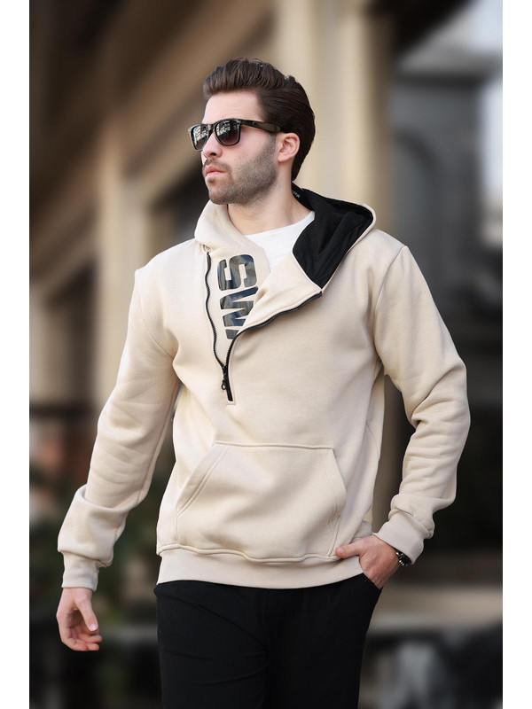 Madmext Bej Fermuar Detaylı Kapüşonlu Erkek Hoodie 1767