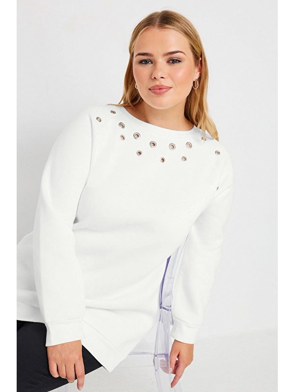 Stil Diva Büyük Beden Bisiklet Yaka Kuşgözü Detaylı Uzun Kollu Sweatshirt 302996