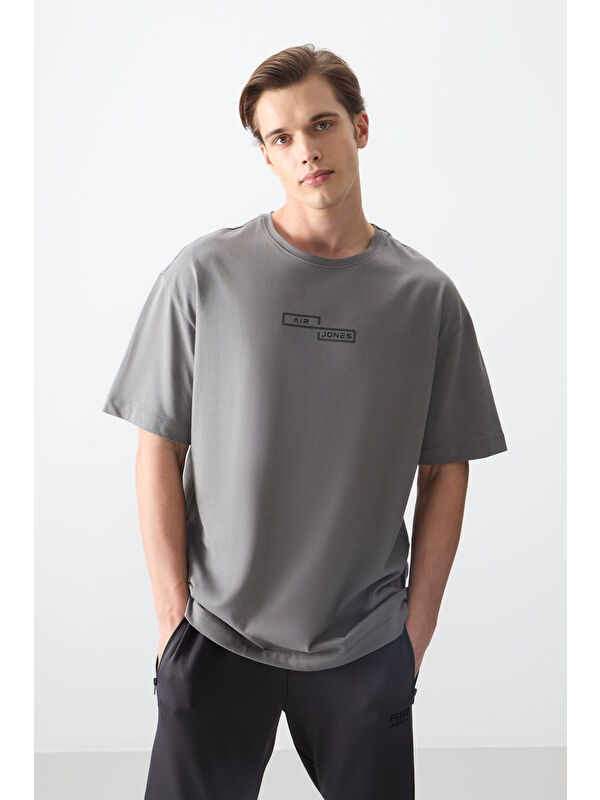 Air Jones Koyu Gri %100 Pamuk Kalın Yumuşak Dokulu Oversize Fit Baskılı Erkek Tişört - 88361