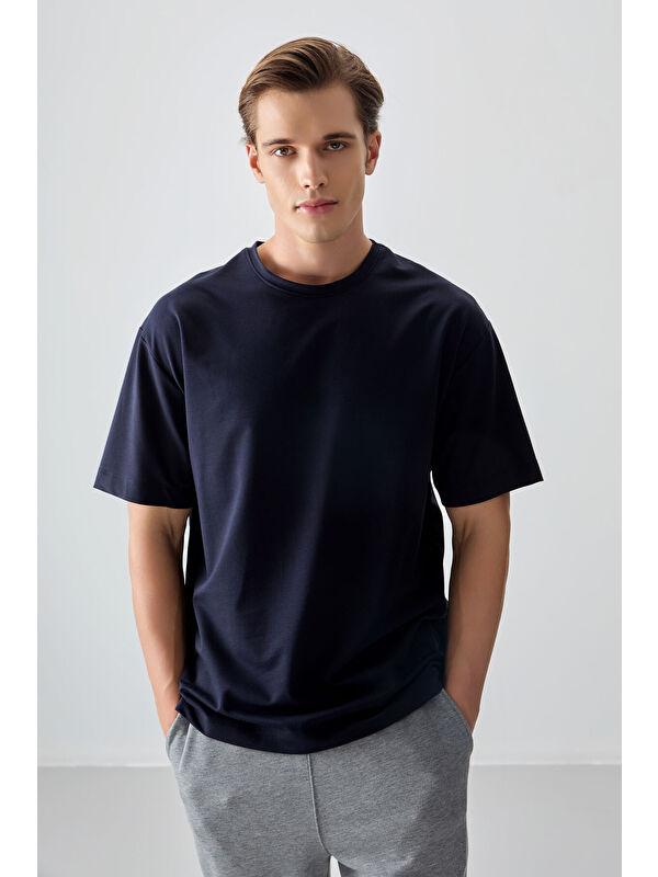 Air Jones Lacivert Pamuklu Kalın Yumuşak Dokulu Oversize Fit Basic Erkek Tişört- 88377