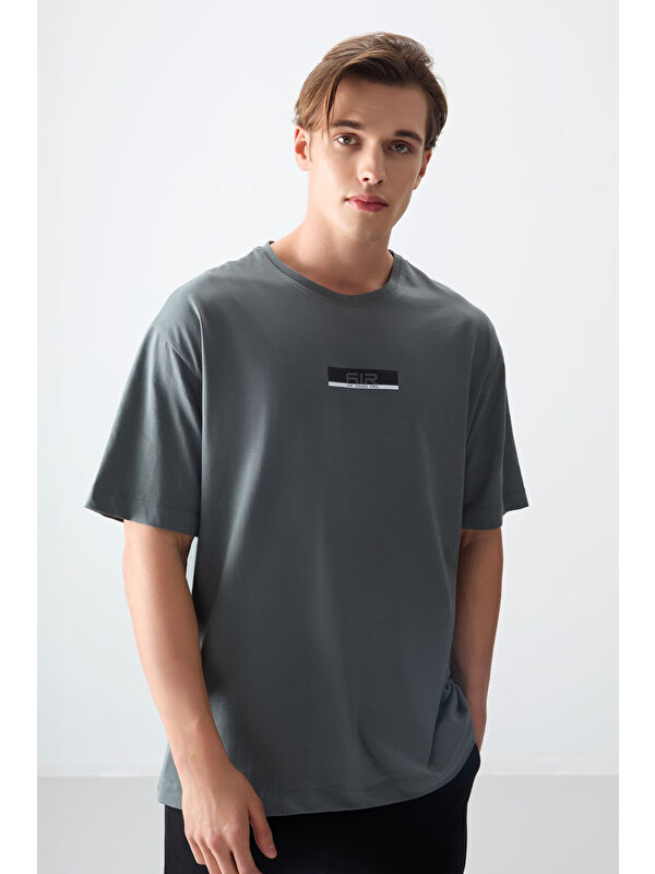Air Jones Haki %100 Pamuk Kalın Yumuşak Dokulu Oversize Fit Baskılı Erkek Tişört - 88359