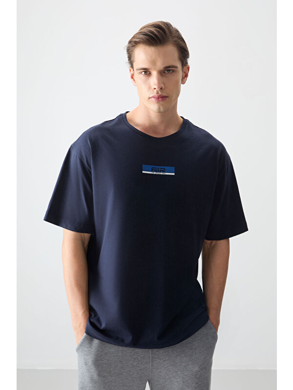 Air Jones Lacivert %100 Pamuk Kalın Yumuşak Dokulu Oversize Fit Baskılı Erkek Tişört - 88359