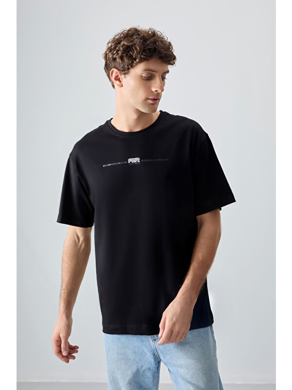Air Jones Siyah %100 Pamuk Kalın Yumuşak Dokulu Oversize Fit Baskılı Erkek Tişört - 88357