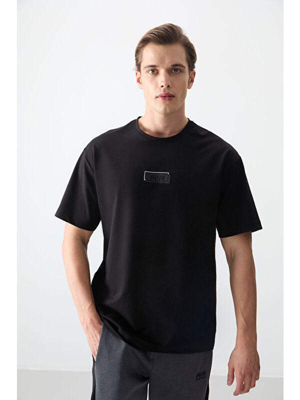 Air Jones Siyah Pamuklu Kalın Yumuşak Dokulu Oversize Fit Baskılı Erkek Tişört - 88376