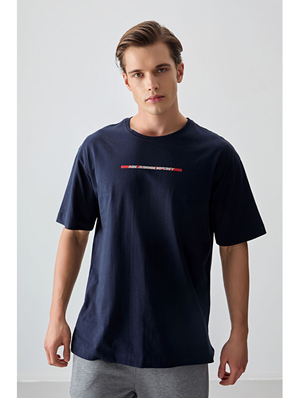 Air Jones Lacivert %100 Pamuk Kalın Yumuşak Dokulu Oversize Fit Baskılı Erkek Tişört - 88358