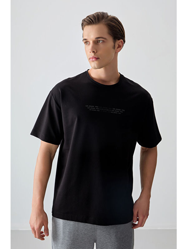 Air Jones Siyah Pamuklu Kalın Yumuşak Dokulu Oversize Fit Baskılı Erkek Tişört - 88374
