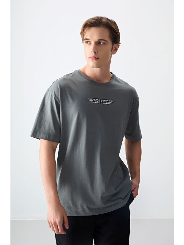 Air Jones Haki %100 Pamuk Kalın Yumuşak Dokulu Oversize Fit Baskılı Erkek Tişört - 88356