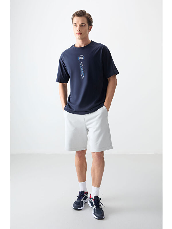 Air Jones Lacivert %100 Pamuk Kalın Yumuşak Dokulu Oversize Fit Baskılı Erkek Tişört - 88355