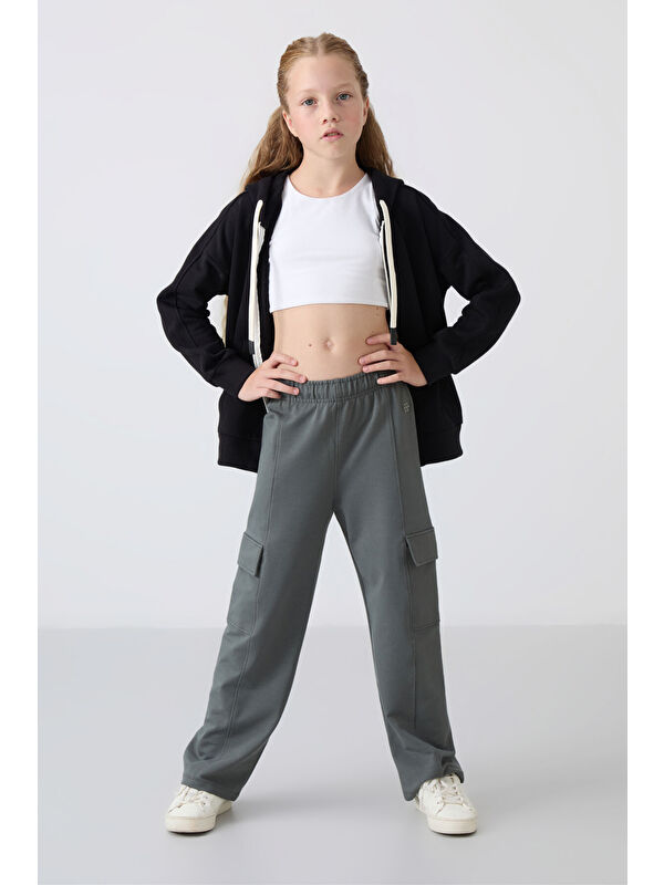 Tommylife Haki Kargo Cepli Ön Dikiş Detaylı Geniş Paça Kız Çocuk Eşofman Altı - 75143