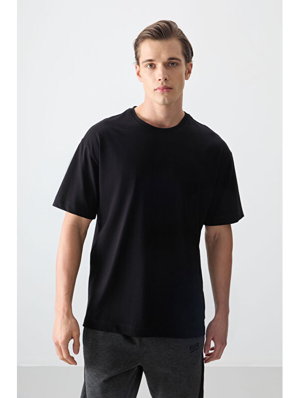 Air Jones Siyah %100 Pamuk Kalın Yumuşak Dokulu Oversize Fit Basic Erkek Tişört - 88353