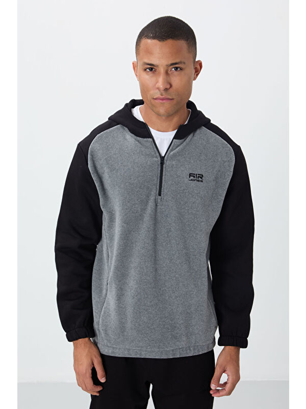 Air Jones Ruby Gri Melanj Standart Kalıp Polar  Erkek Kapüşonlu Sweatshirt Hoodie - 88300