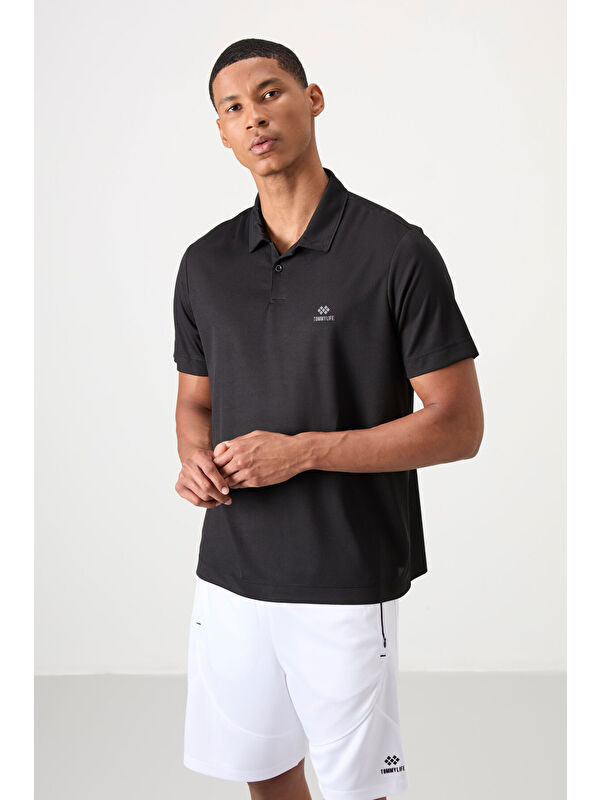 Tommylife Siyah Logo Baskılı Standart Kalıp Polo Yaka Aktif Spor Erkek Tişört - 88252