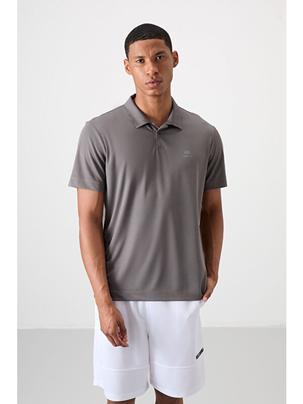 Tommylife Koyu Gri Logo Baskılı Standart Kalıp Polo Yaka Aktif Spor Erkek Tişört - 88252