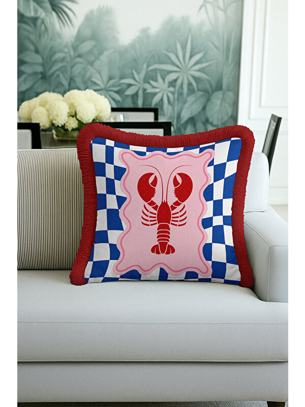Milbay Grup Lobster Art Saçaklı Yastık Kılıfı - Denizcilik Temalı Retro Kırmızı Mavi Püsküllü Kırlent Kılıfı