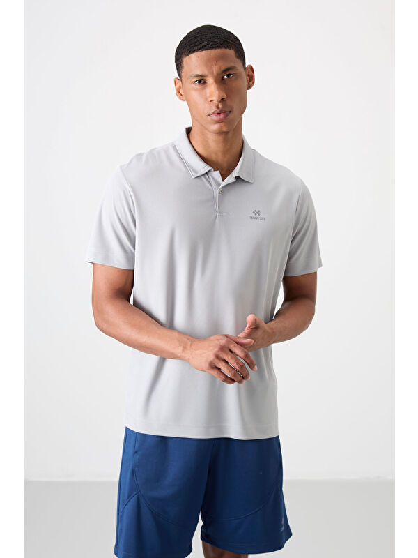 Tommylife Gri Logo Baskılı Standart Kalıp Polo Yaka Aktif Spor Erkek Tişört - 88252