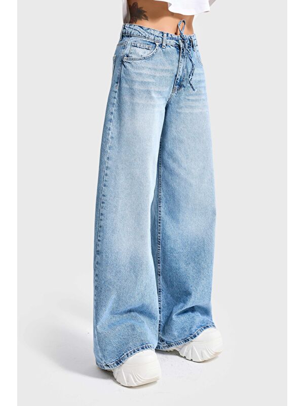 It's Basic Kadın Jean Rengi 4S527 Süper Palazzo Fit Bağcıklı %100 Pamuk Denim Jean