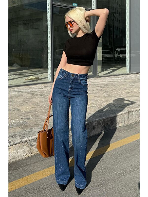 Madmext Lacivert Yüksek Bel Elastanlı Taşlı Kadın Jean Pantolon Mg2271