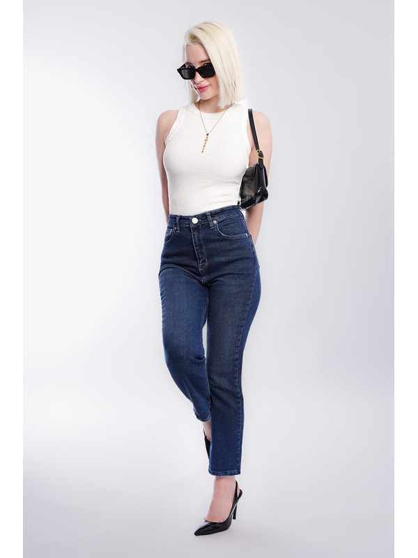 Madmext Koyu Mavi Slim Fit Kadın Mom Jean