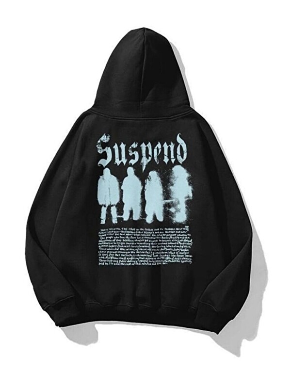 Trendseninle Unisex Siyah  Suspend Baskılı Kapüşonlu Sweatshirt Hoodie