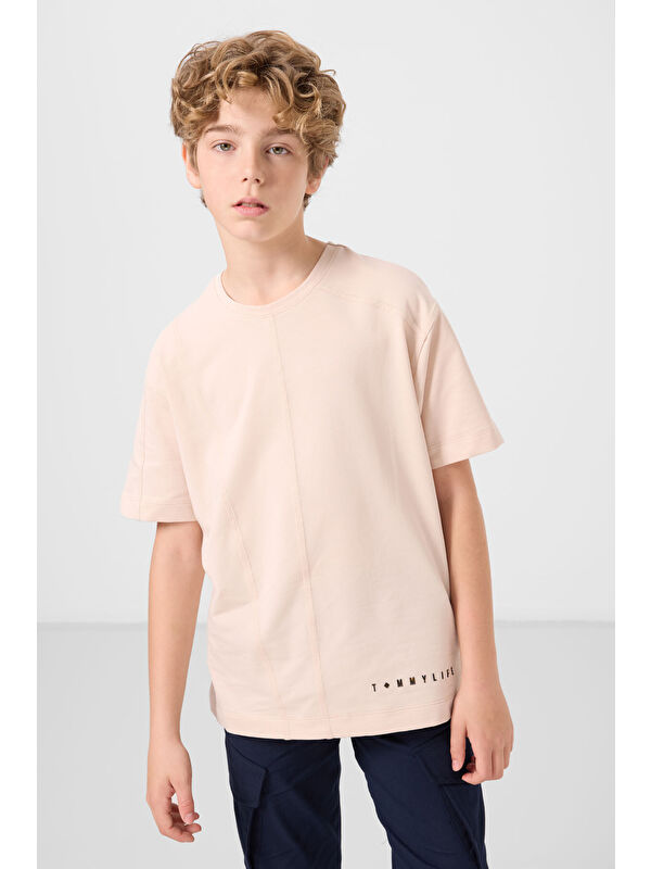 Tommylife Bej Pamuklu Yumuşak Dokulu Oversize Basic Erkek Çocuk T-Shirt - 11297