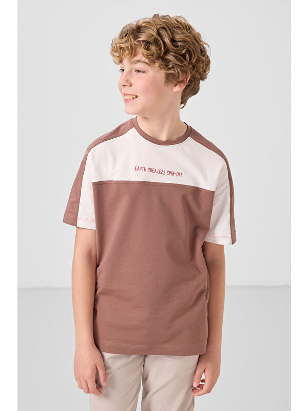 Tommylife Tarçın Pamuklu Yumuşak Dokulu Oversize Fit Nakışlı Erkek Çocuk T-Shirt - 11290