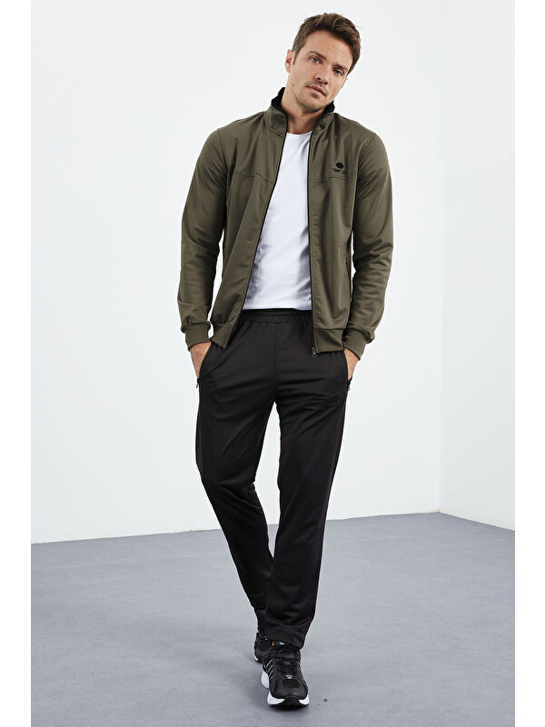 Tommylife Camel - Siyah Dik Yaka Fermuarlı Standart Kalıp Klasik Paça Erkek Eşofman Takımı  - 85162