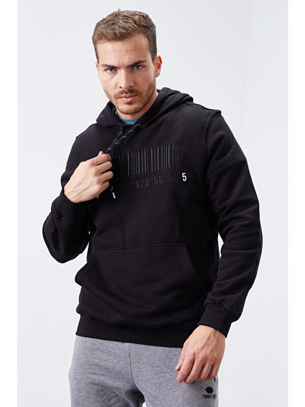 Tommylife Siyah Nakışlı Kanguru Cep Standart Kalıp Kapüşonlu  Erkek Hoodie - 87839