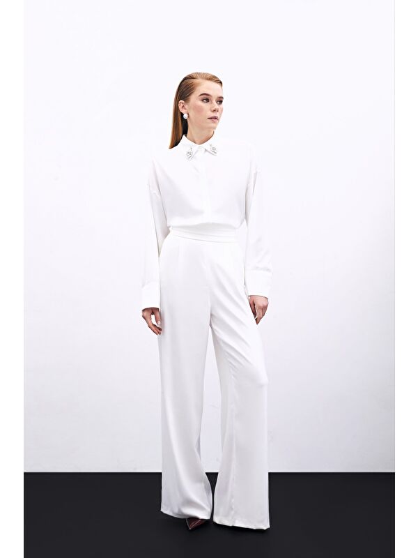 SATEEN Cepli Salaş Saten Pantolon - Ekru