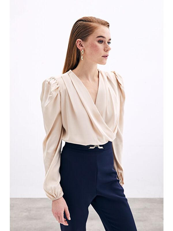 SATEEN Kruvaze Vatkalı Bodysuit - Bej