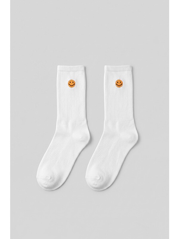 Abluka Online Erkek Emoji Baskılı Uzun Kolej Tenis Çorap Beyaz