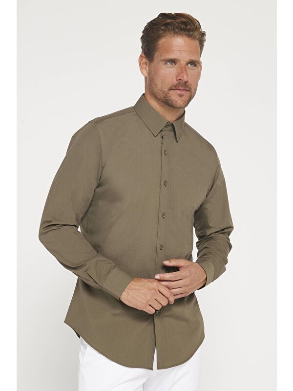TUDORS Erkek Slim Fit Dar Kesim Pamuklu Terry Pamuk Kumaş Kolay Ütü Haki Gömlek