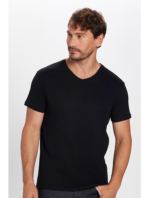 TUDORS Erkek Slim Fit Dar Kesim %100 Pamuk Yumuşak Dokulu Siyah V Yaka Tişört