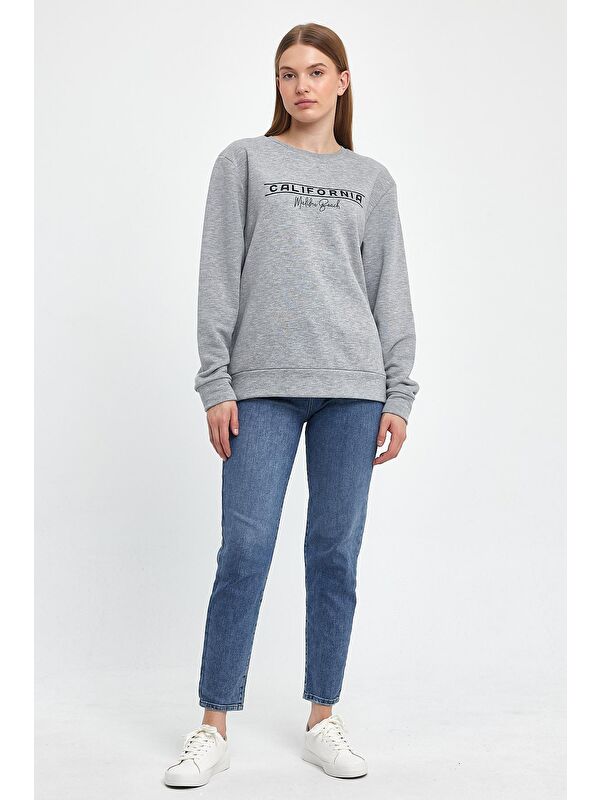 Süperlife Kadın Bisiklet Yaka Rahat Kalıp 3 iplik Kalın Californıa Baskılı Sweatshirt SPR24SWK32
